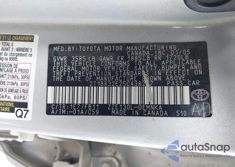 2005 Toyota Corolla Le from USA, damaged, VIN 2T1BR32E25C438217